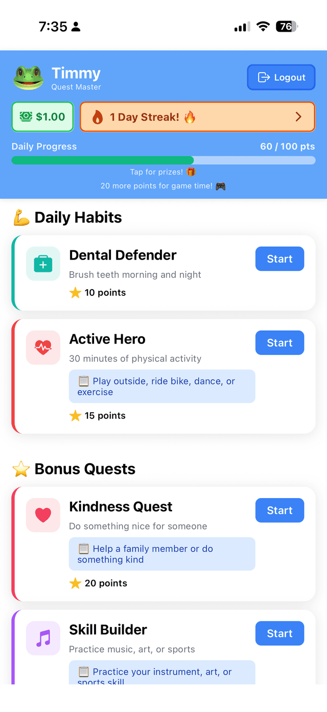 Daily Habits Quest Screen