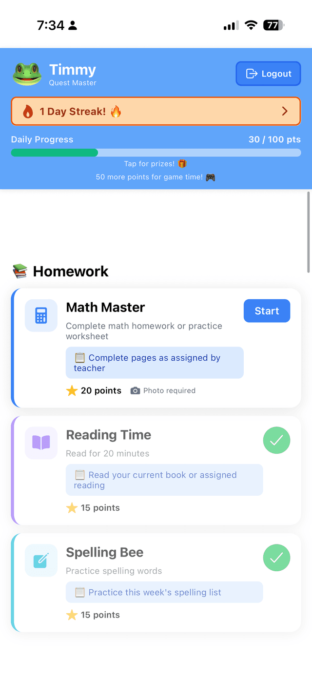 Homework Quest Screen